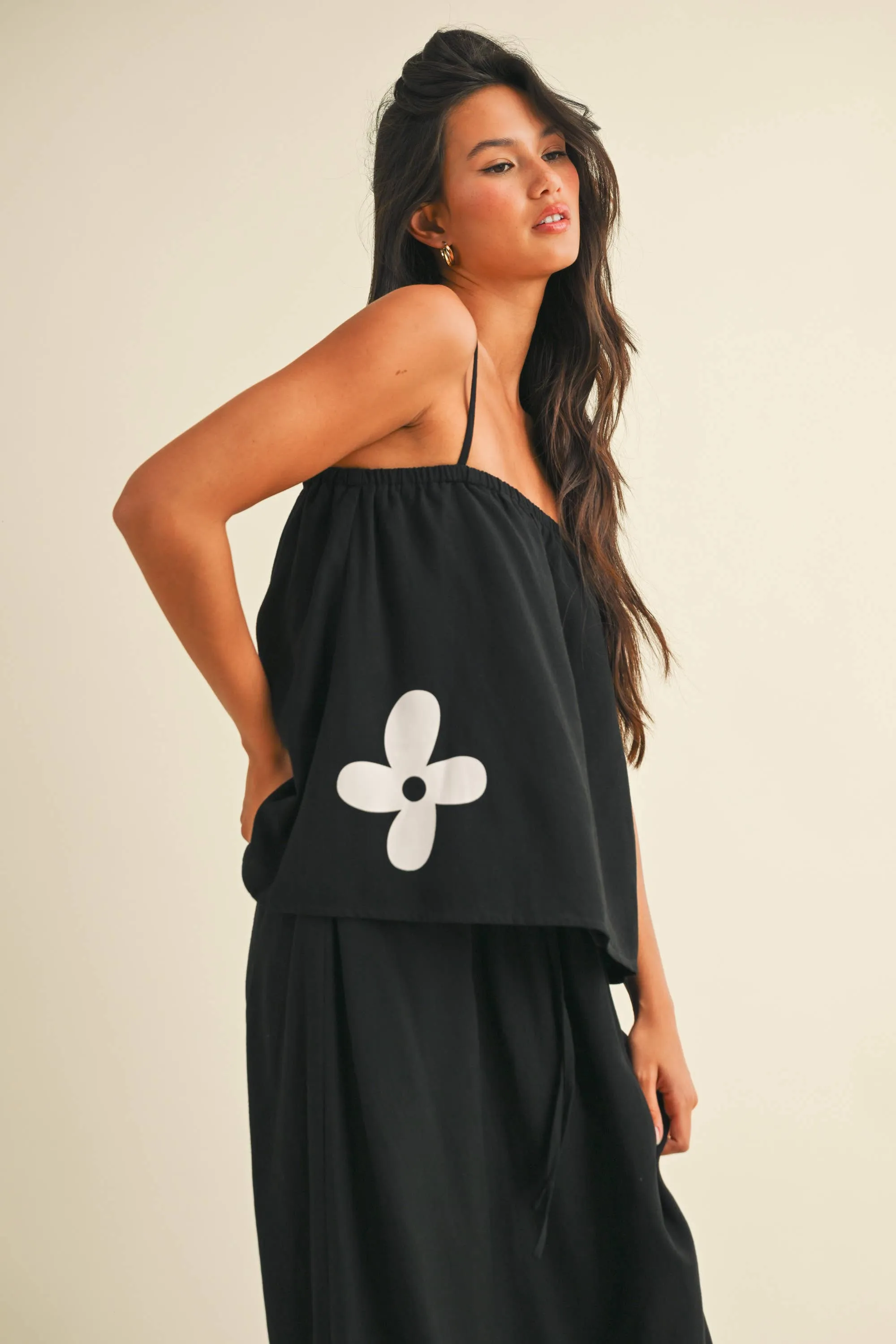 IST5853  FLORAL PRINT LINEN FLARED TANK AND MIDI SKIRT SET