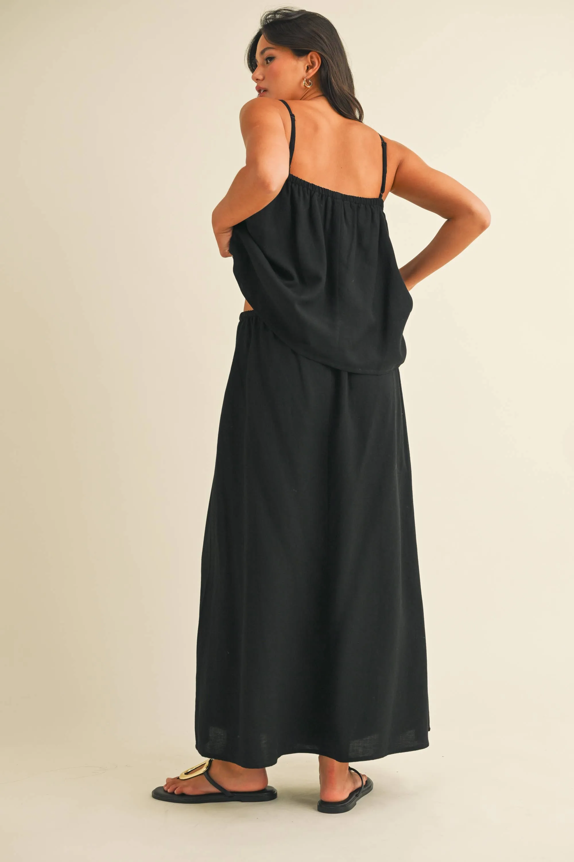 IST5853  FLORAL PRINT LINEN FLARED TANK AND MIDI SKIRT SET