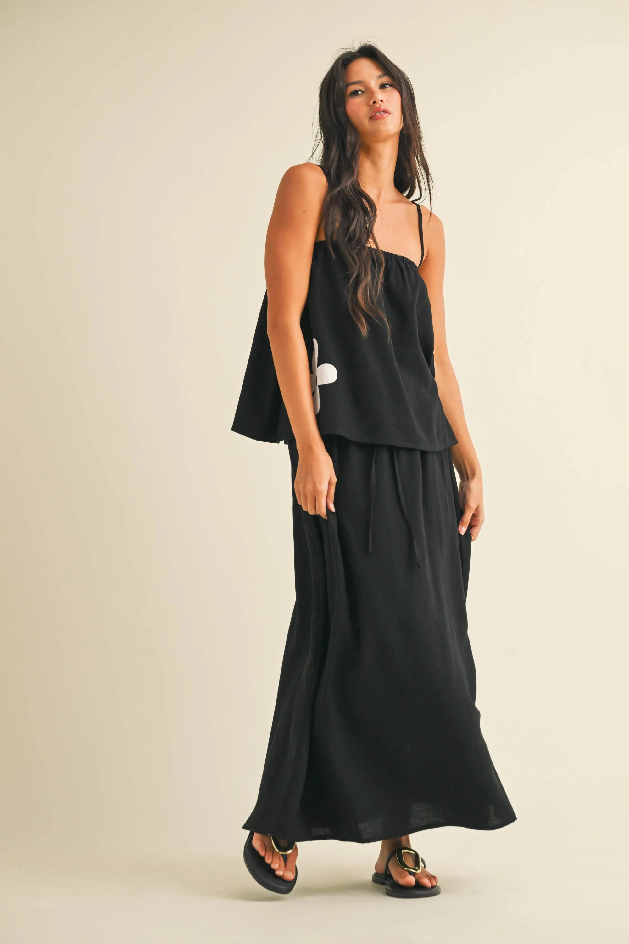 IST5853  FLORAL PRINT LINEN FLARED TANK AND MIDI SKIRT SET