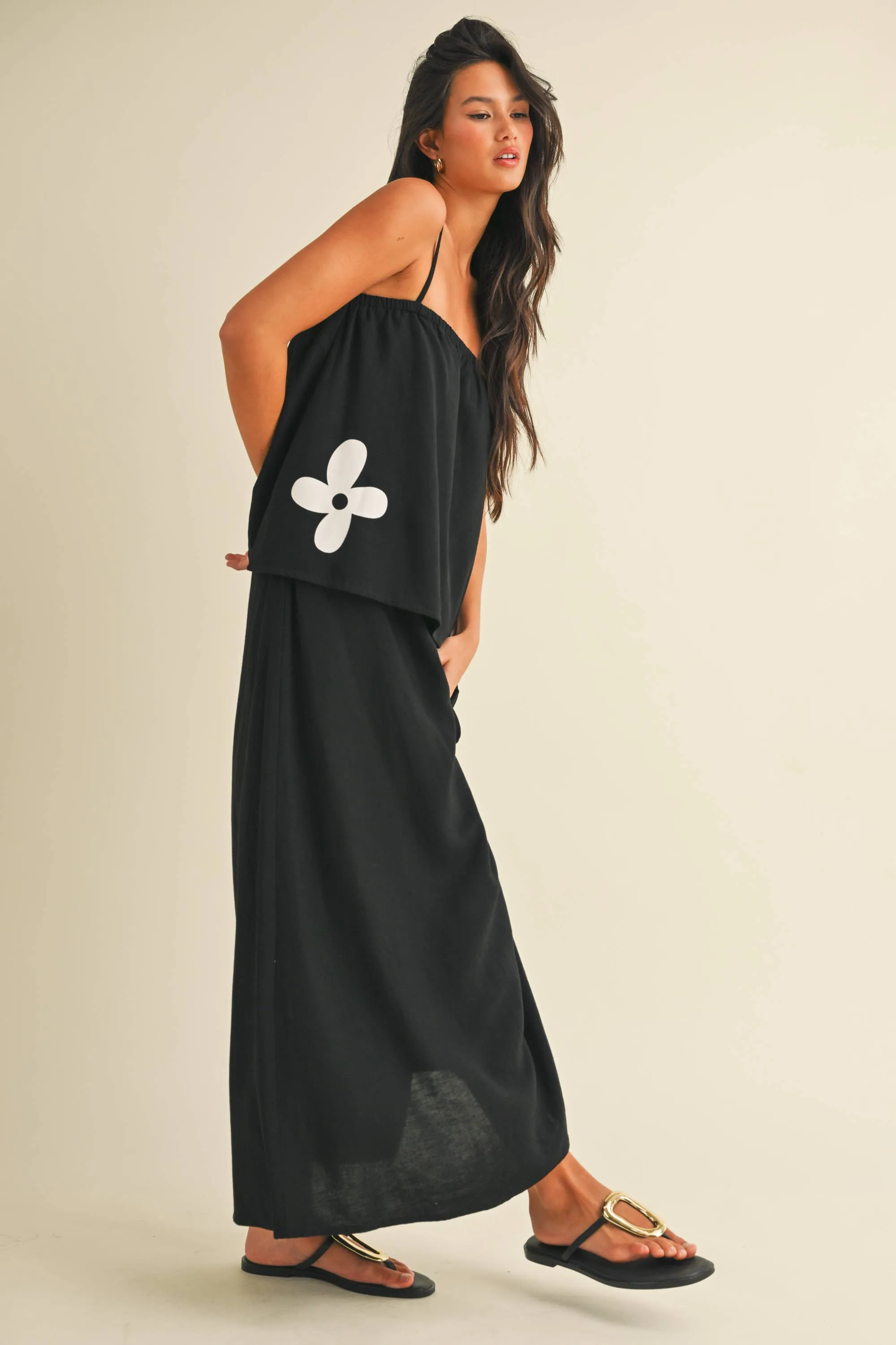 IST5853  FLORAL PRINT LINEN FLARED TANK AND MIDI SKIRT SET