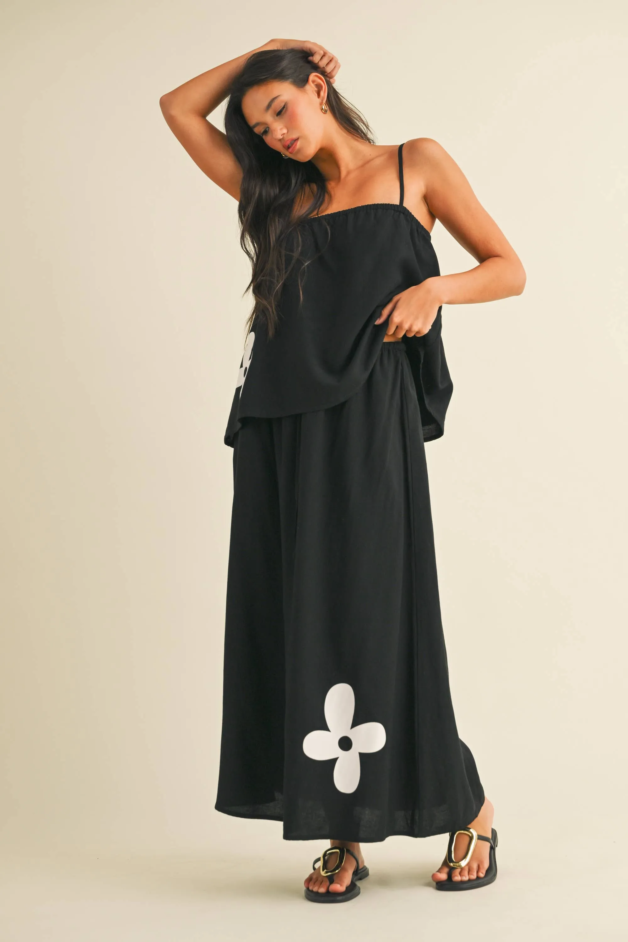 IST5853  FLORAL PRINT LINEN FLARED TANK AND MIDI SKIRT SET