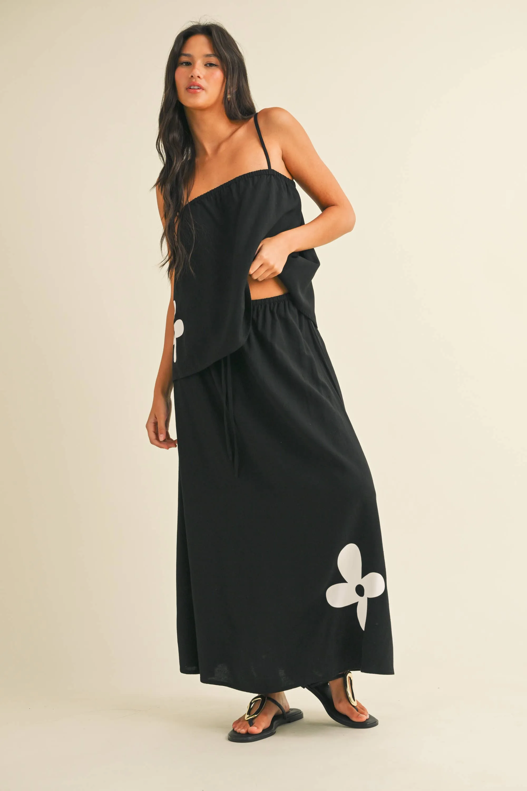 IST5853  FLORAL PRINT LINEN FLARED TANK AND MIDI SKIRT SET