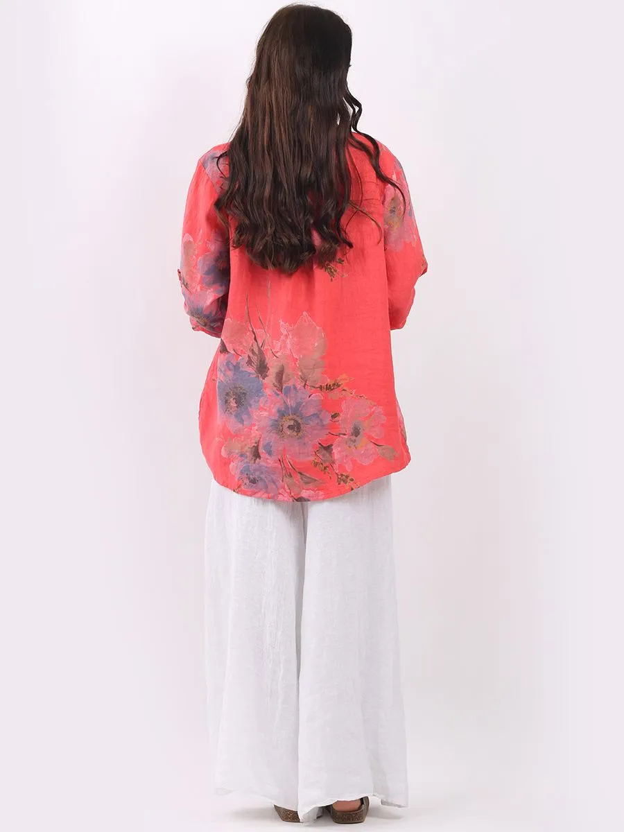Italian Linen Floral Hi-Lo Top Coral Sz 10-16