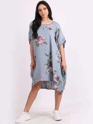 Italian Linen Floral Tunic Dress Denim Free Size