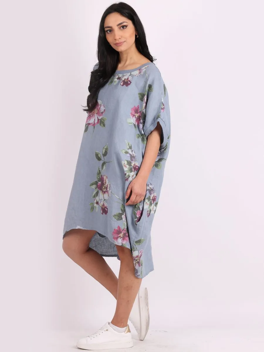 Italian Linen Floral Tunic Dress Denim Free Size