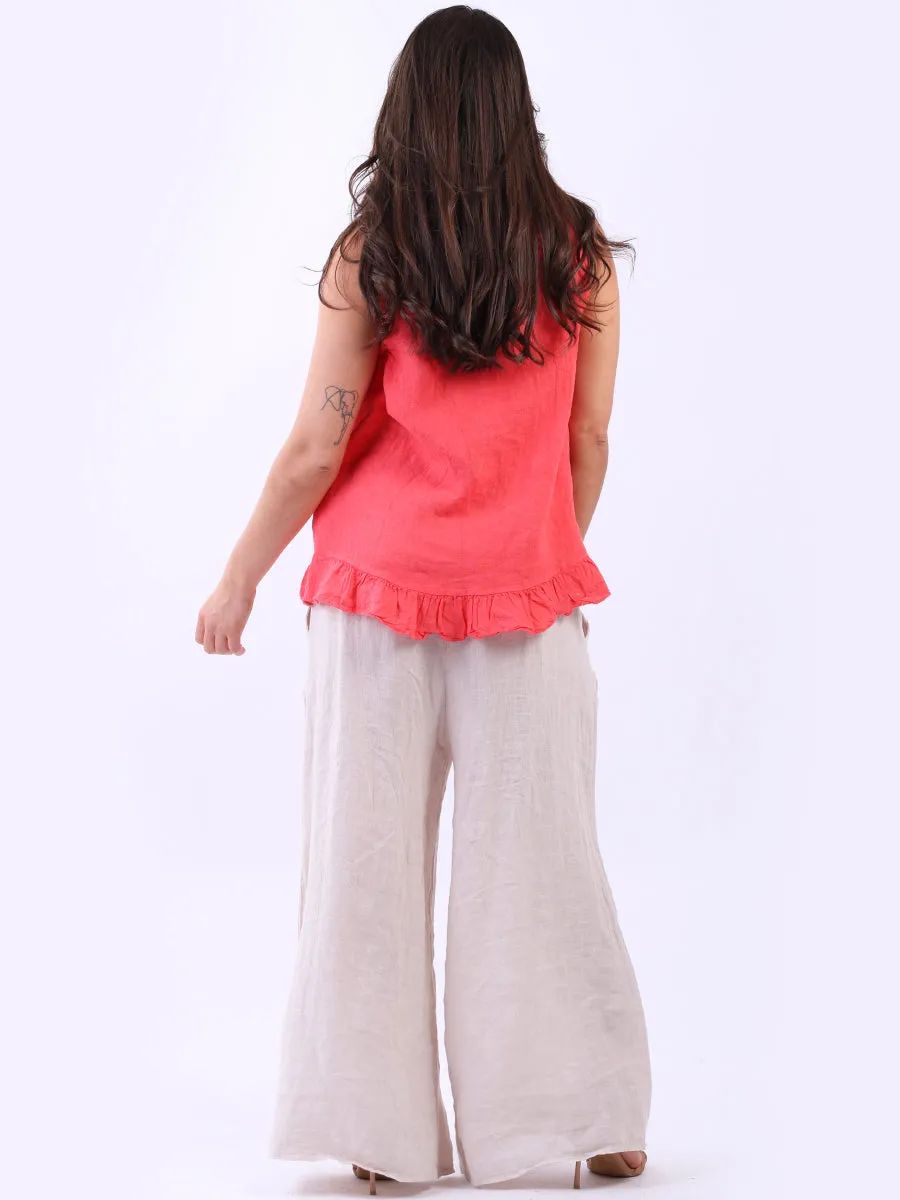 Italian Linen Ruffle Trim Tank Top Coral Sz 8-12