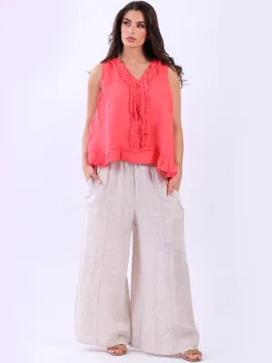 Italian Linen Ruffle Trim Tank Top Coral Sz 8-12