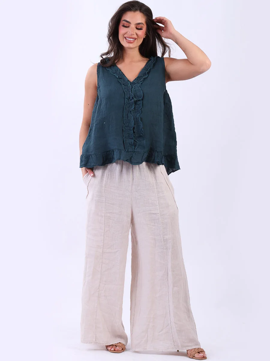 Italian Linen Ruffle Trim Tank Top Dark Teal Sz 8-12