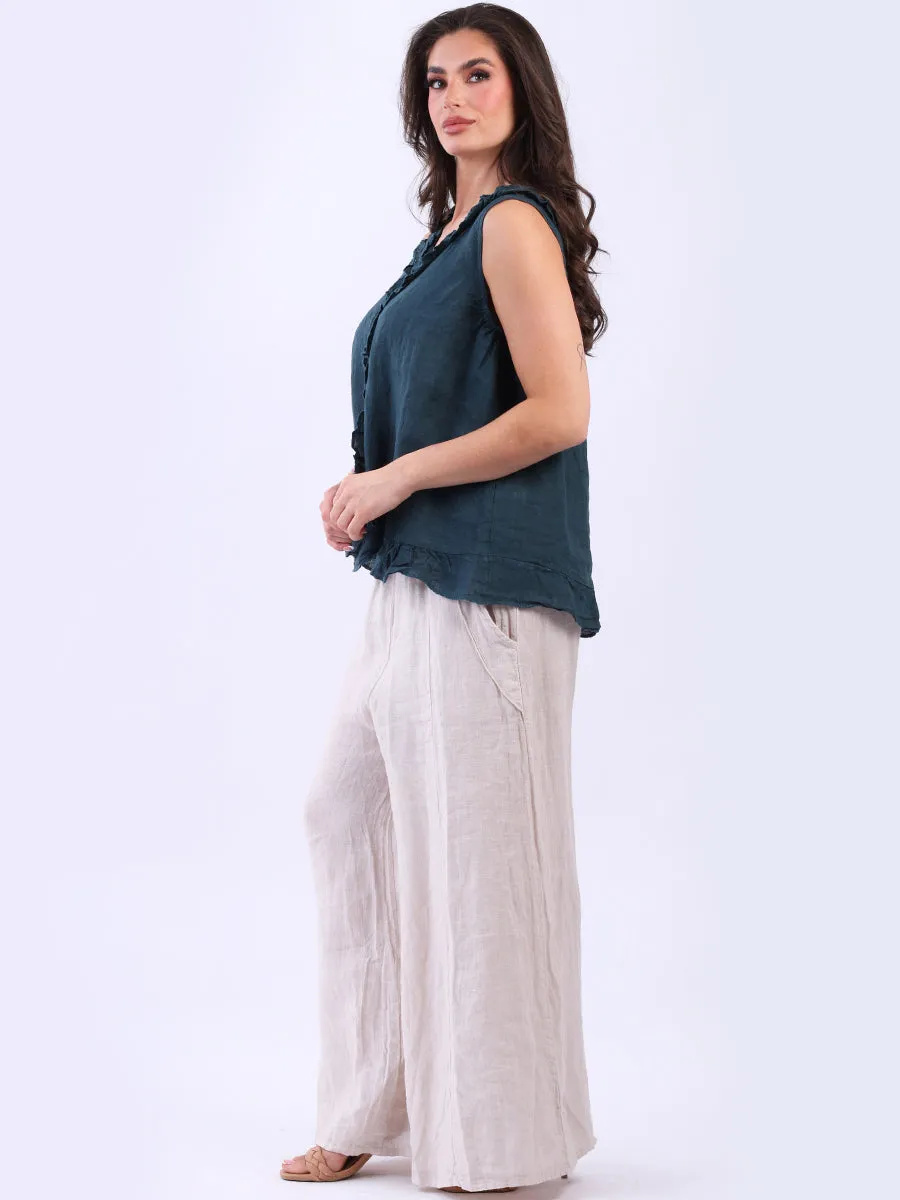 Italian Linen Ruffle Trim Tank Top Dark Teal Sz 8-12
