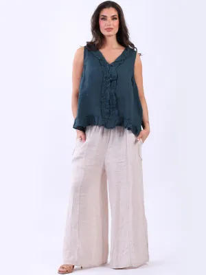 Italian Linen Ruffle Trim Tank Top Dark Teal Sz 8-12