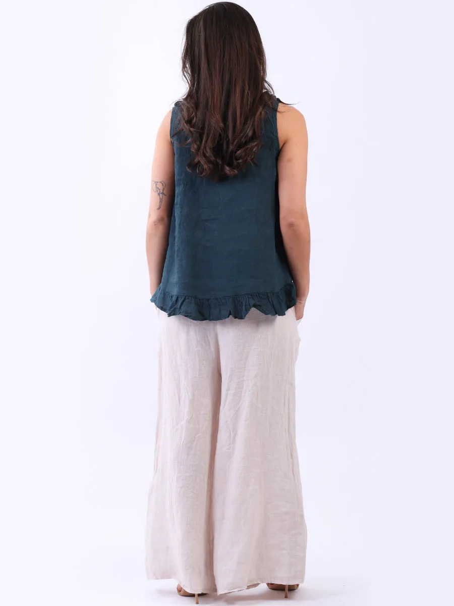 Italian Linen Ruffle Trim Tank Top Dark Teal Sz 8-12