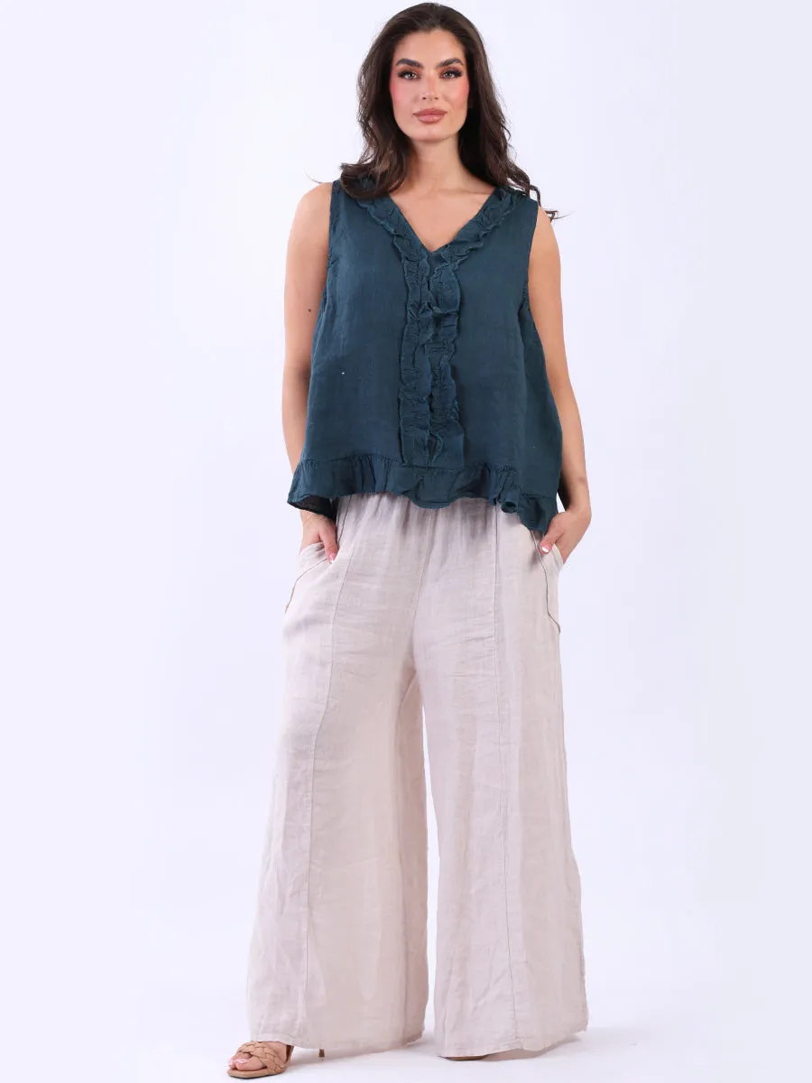 Italian Linen Ruffle Trim Tank Top Dark Teal Sz 8-12