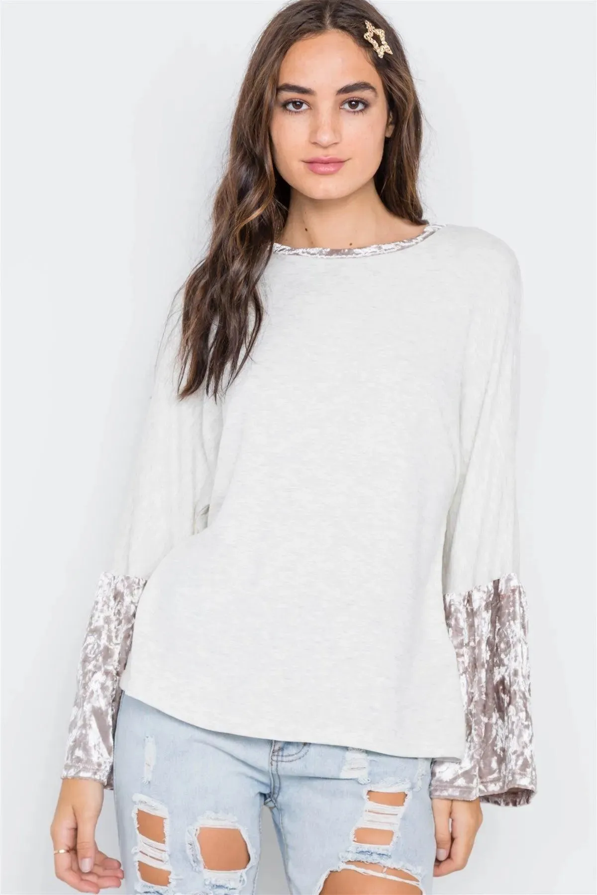 Ivory Combo Velvet Sleeves Sweater /2-2-2