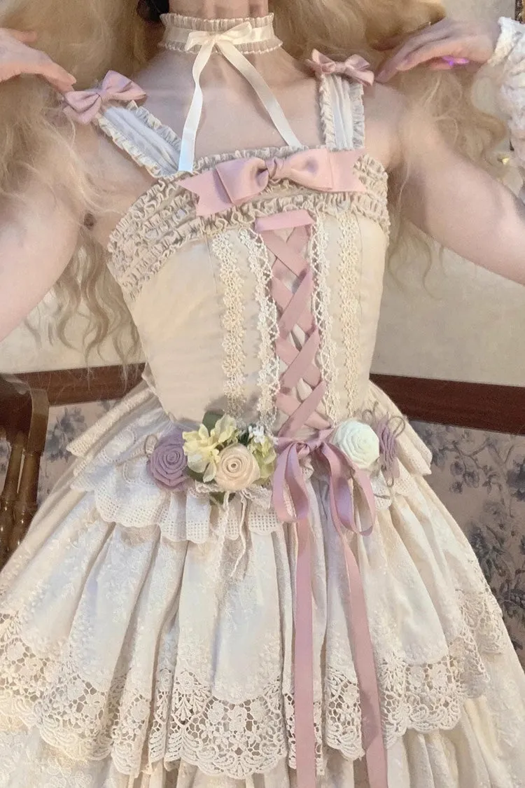 Ivory [Forest Waltz] Embroidery Bowknot Lace-Up Slim Sweet Elegant Lolita Suspender Top