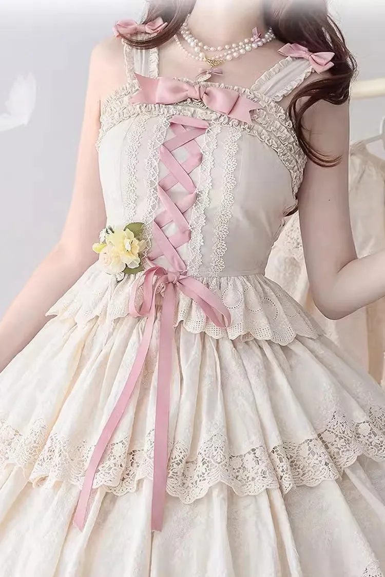 Ivory [Forest Waltz] Embroidery Bowknot Lace-Up Slim Sweet Elegant Lolita Suspender Top