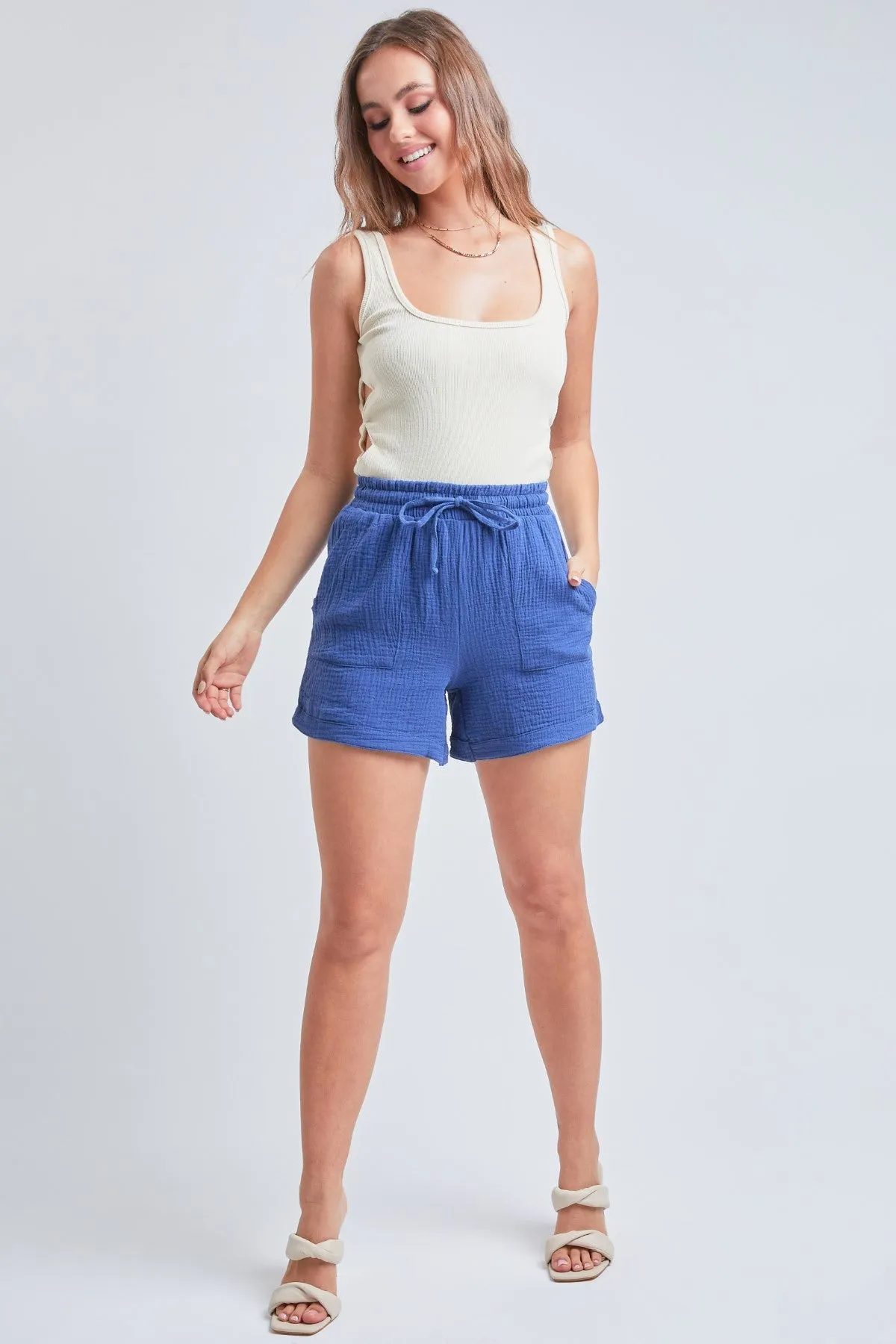 Junior Double Gauze Drawstring Banded Hem Shorts With Porkchop Pockets 6 Pack