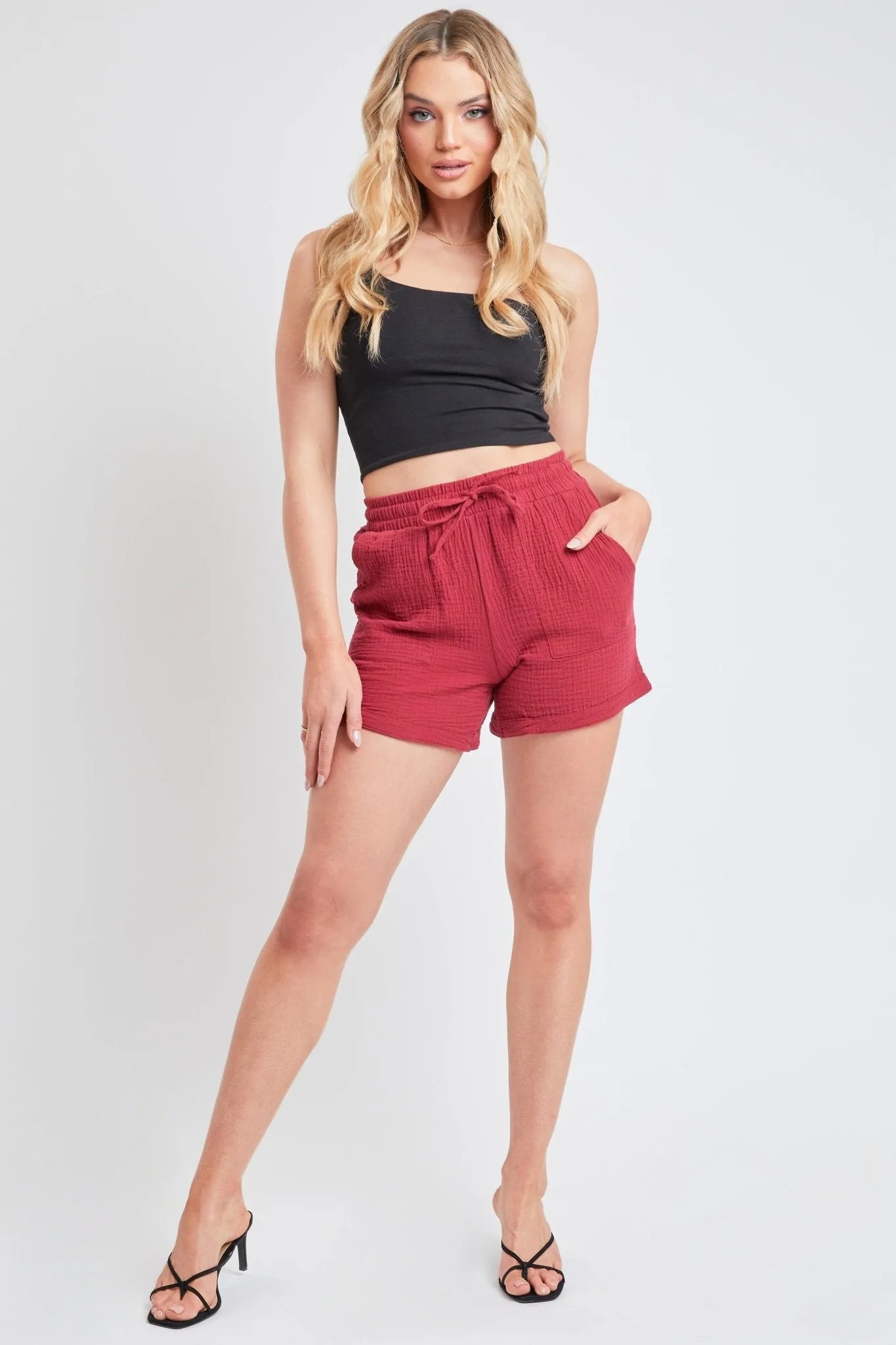 Junior Double Gauze Drawstring Banded Hem Shorts With Porkchop Pockets 6 Pack