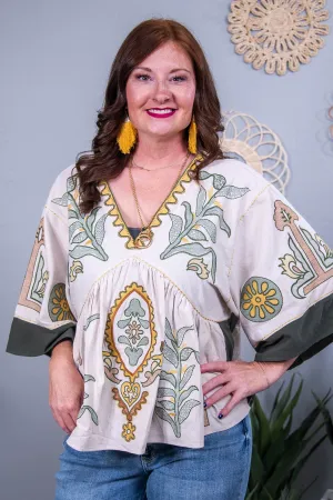 Just Another Dreamer Taupe/Olive Floral Embroidered Top - T10408TA