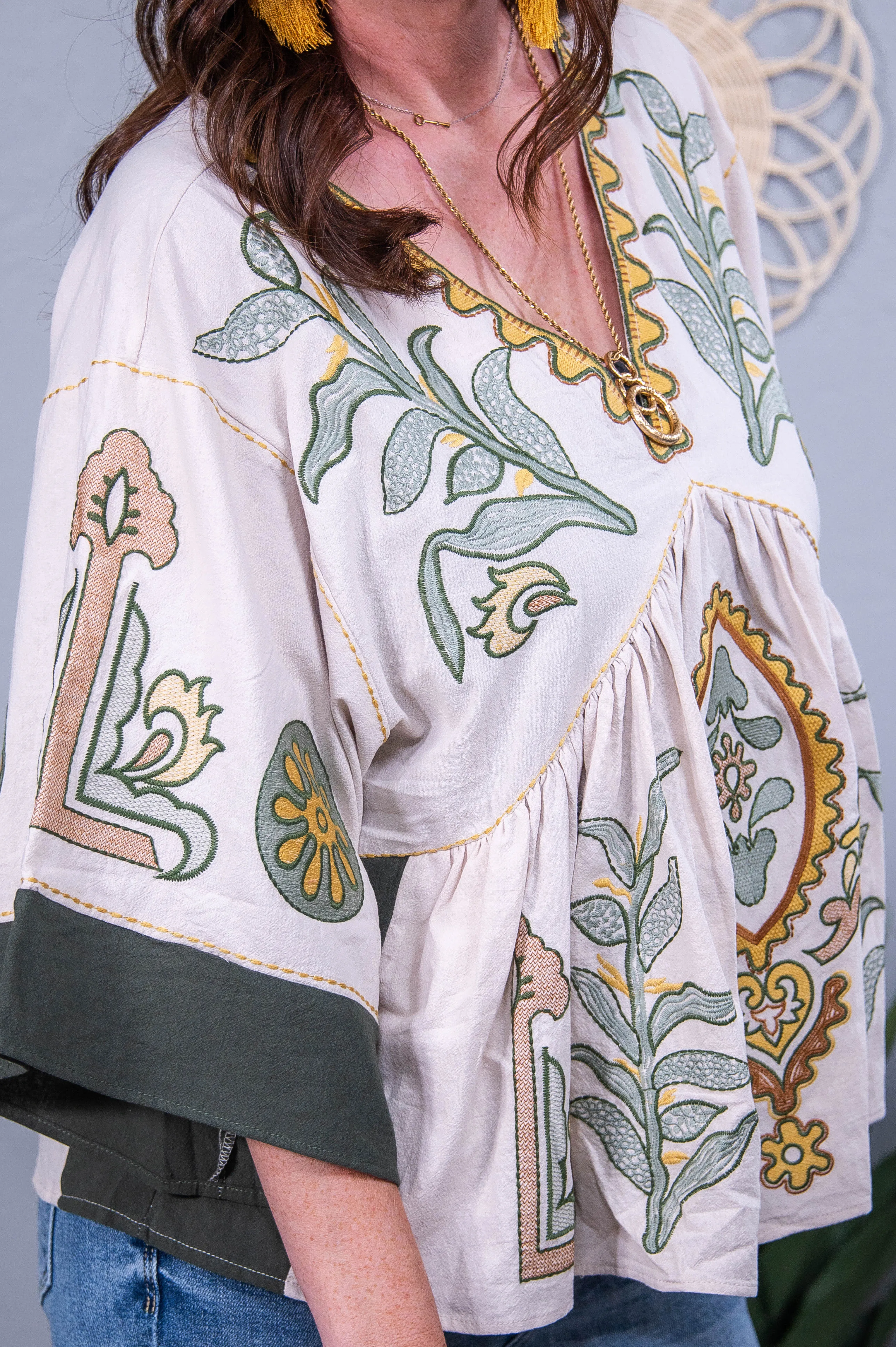 Just Another Dreamer Taupe/Olive Floral Embroidered Top - T10408TA