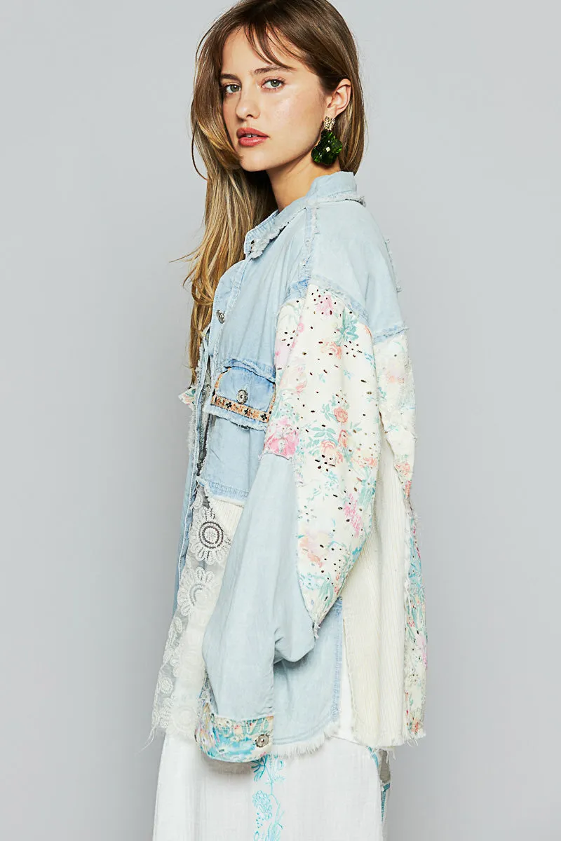 Lace & Denim Button Down w/Floral Accent
