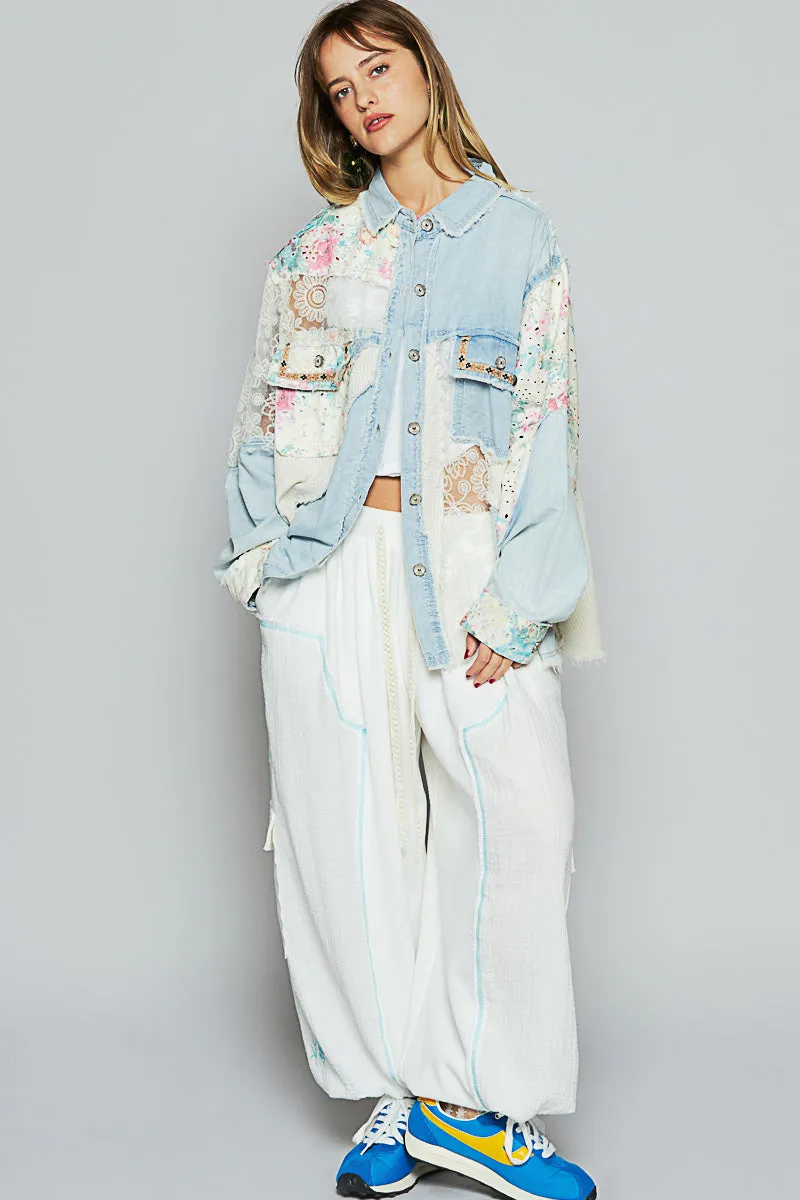 Lace & Denim Button Down w/Floral Accent