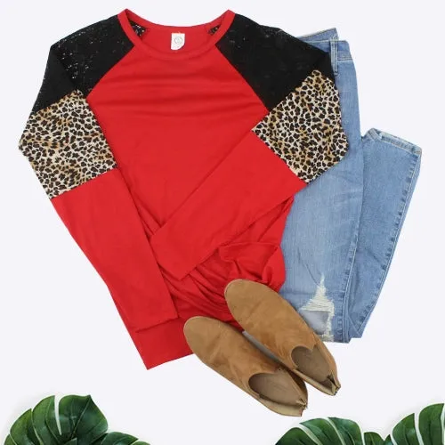 Lace & Leopard Long Sleeve Top (Red)