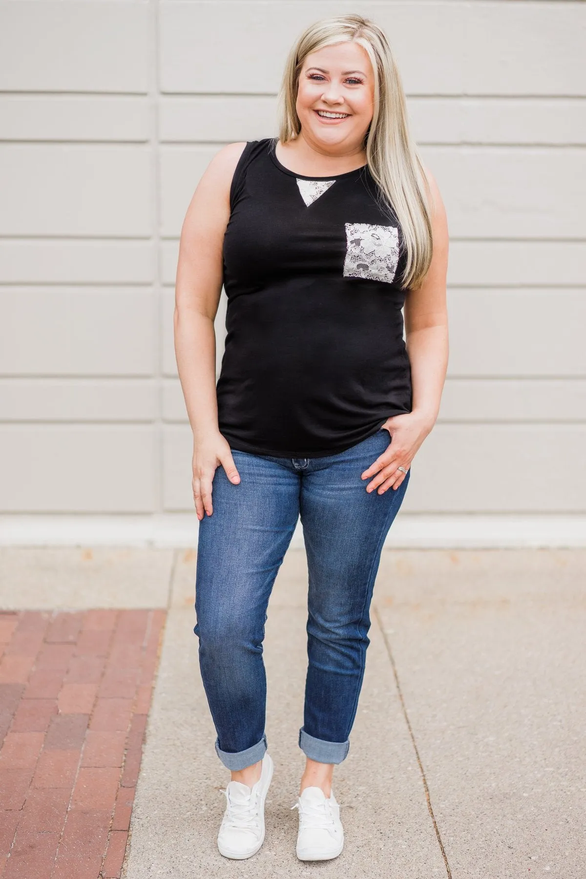 Lace Back Pocket Tank Top - Black