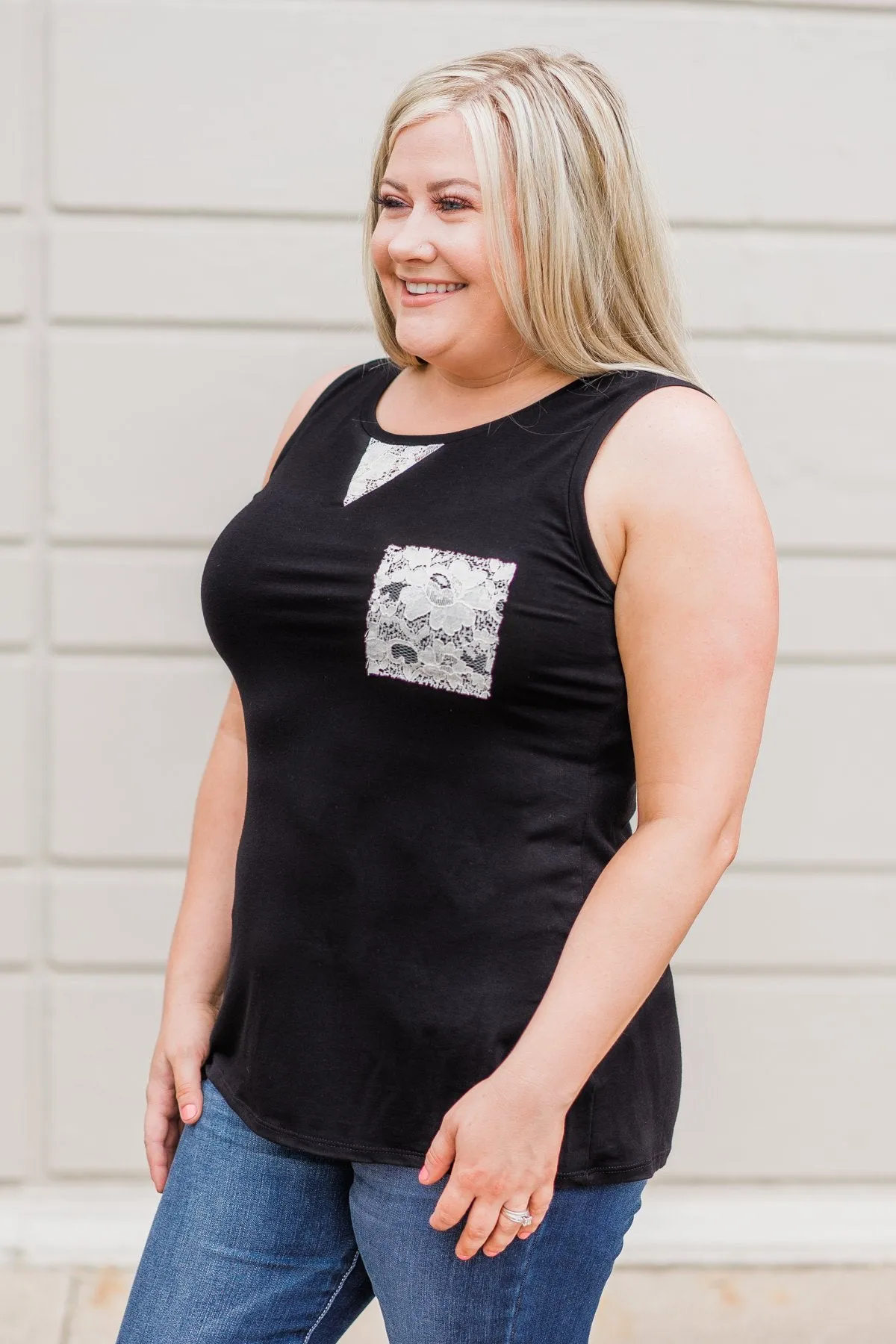Lace Back Pocket Tank Top - Black