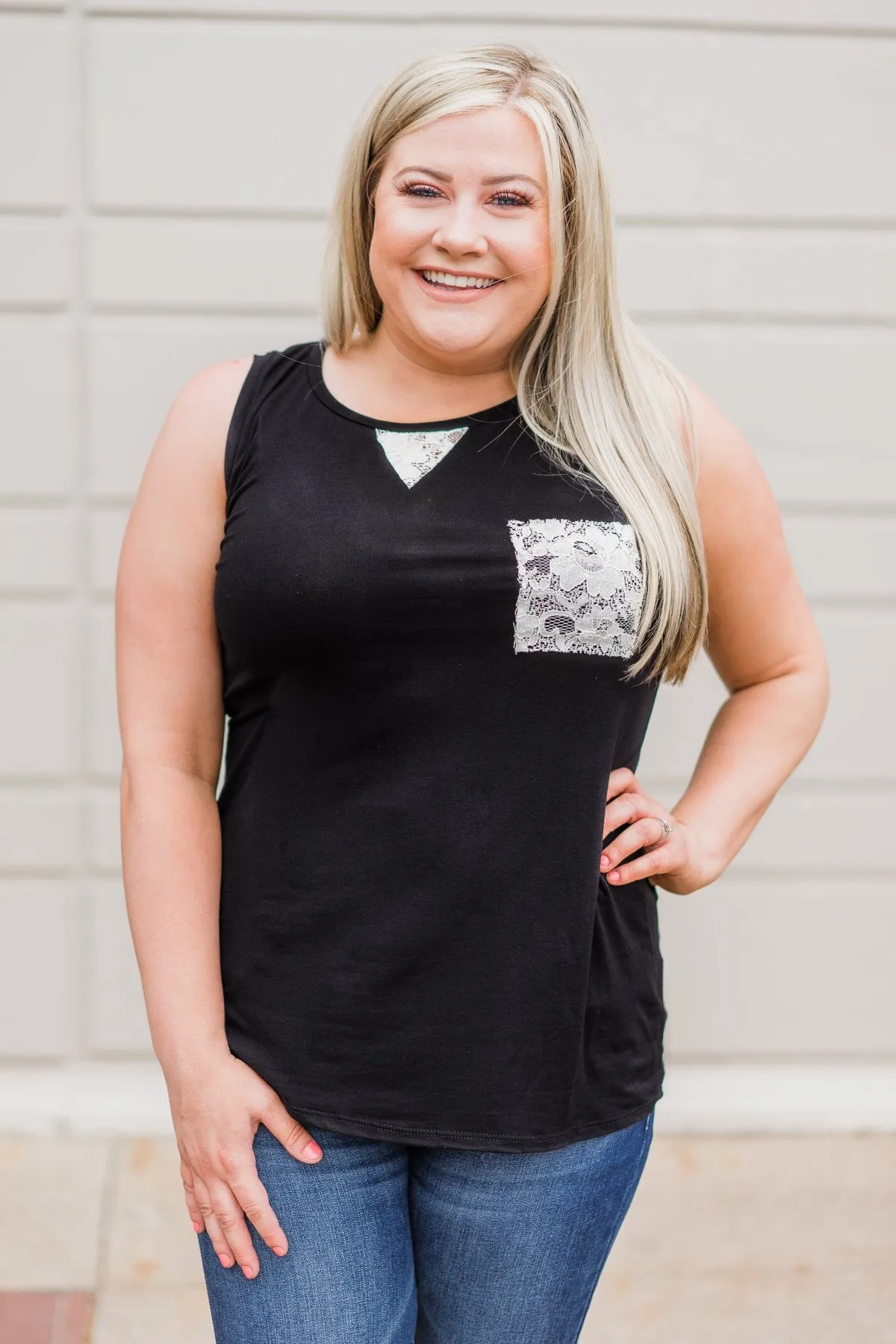 Lace Back Pocket Tank Top - Black