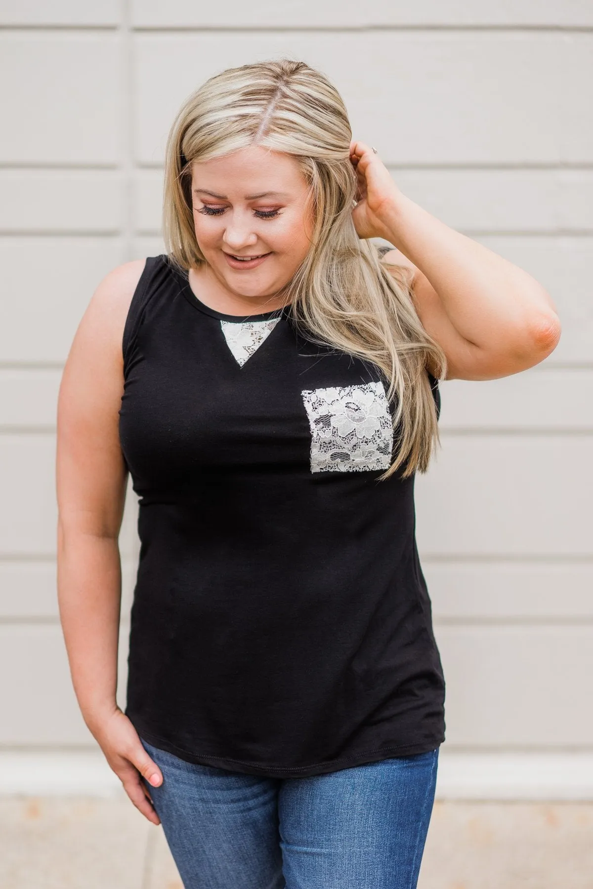 Lace Back Pocket Tank Top - Black