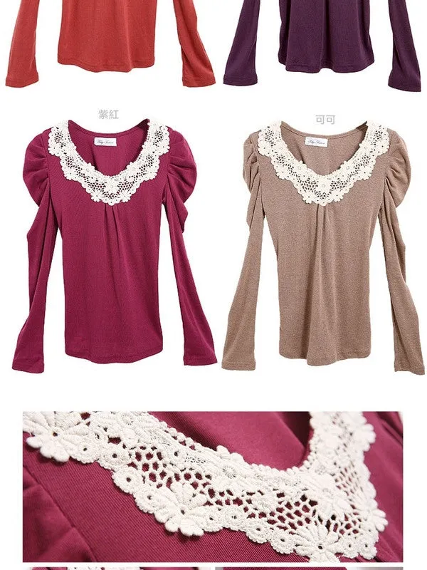 lace collar long sleeve T-shirt