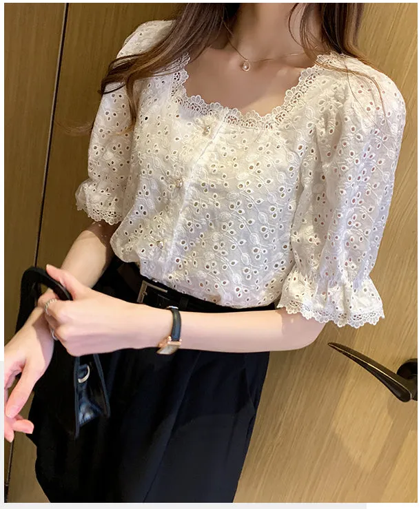 Lace Hollow Out Vintage Square Collar Shirt