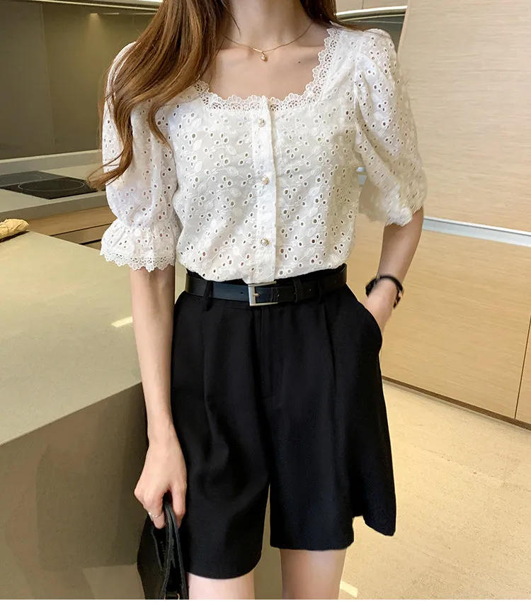 Lace Hollow Out Vintage Square Collar Shirt