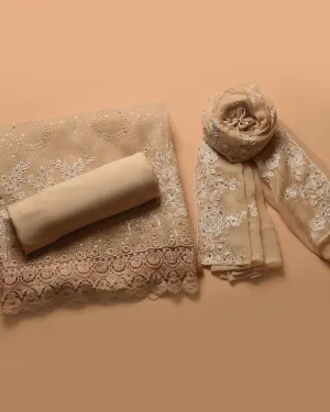 Light Beige Organza Blend Embroidered Unstitched Suit Fabric Set With Chiffon Dupatta