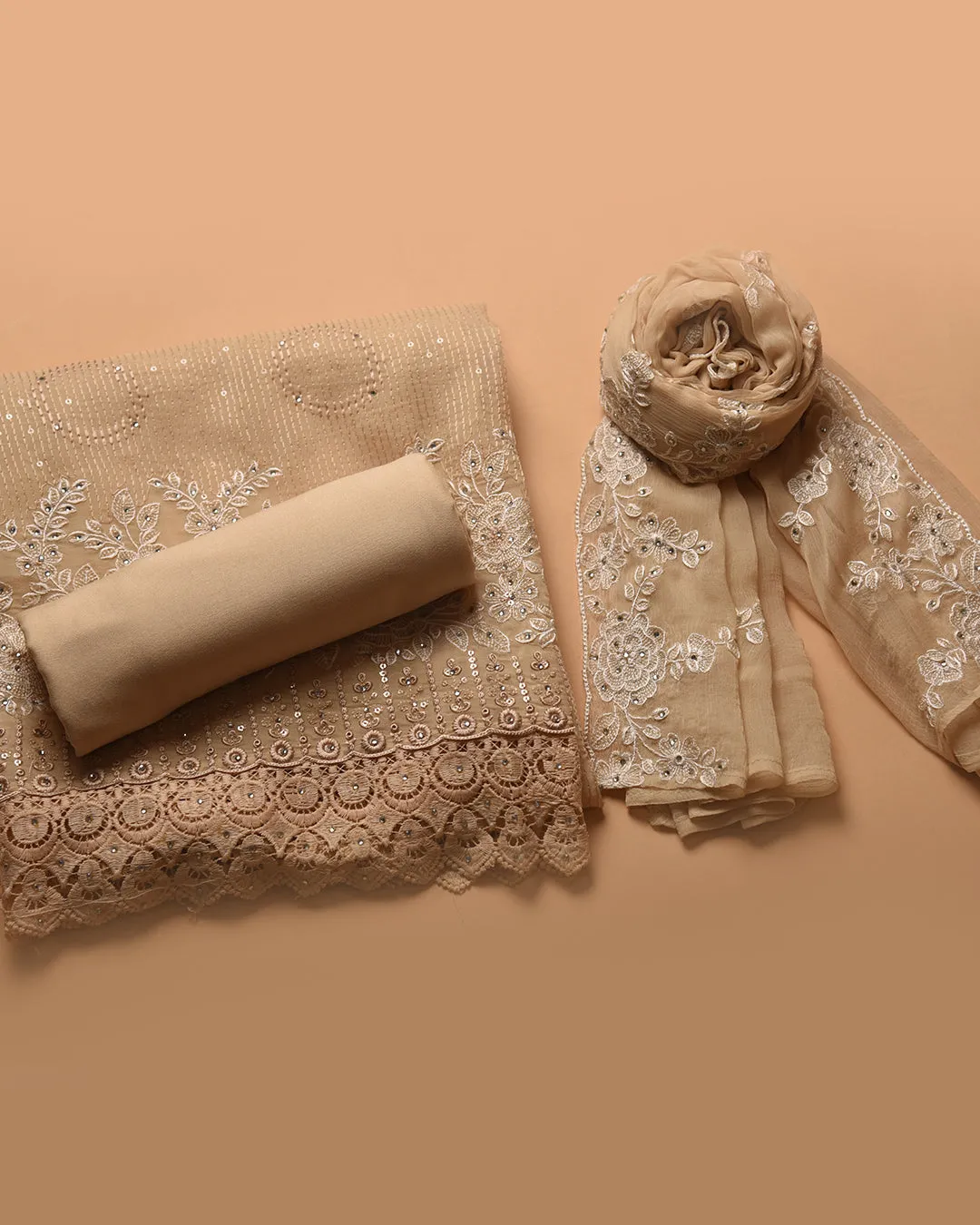 Light Beige Organza Blend Embroidered Unstitched Suit Fabric Set With Chiffon Dupatta