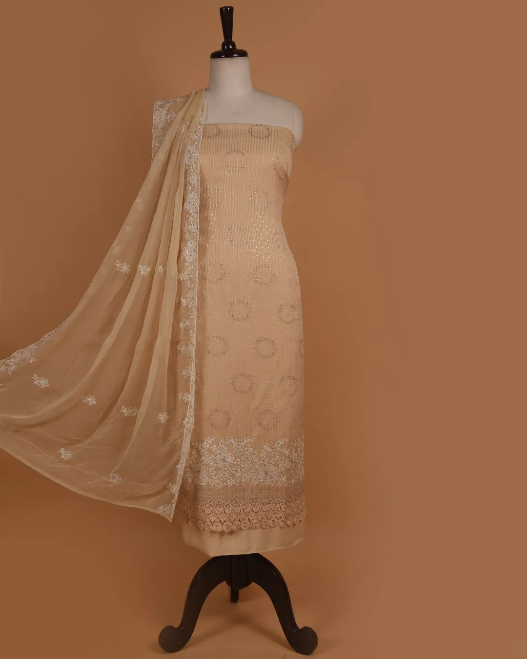Light Beige Organza Blend Embroidered Unstitched Suit Fabric Set With Chiffon Dupatta