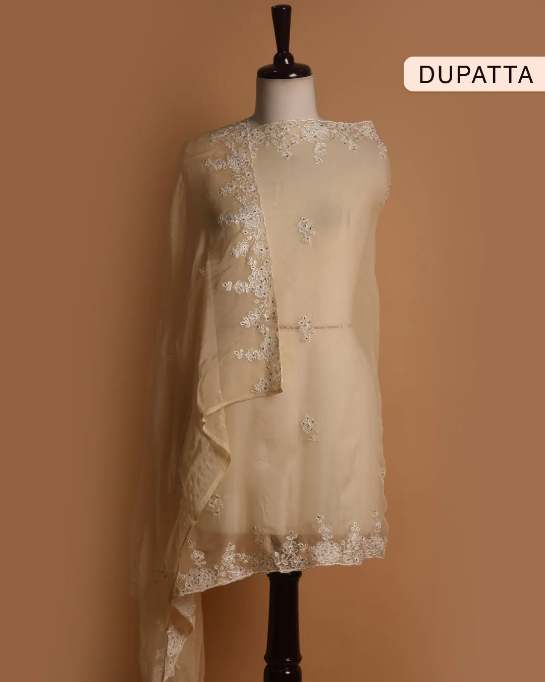 Light Beige Organza Blend Embroidered Unstitched Suit Fabric Set With Chiffon Dupatta