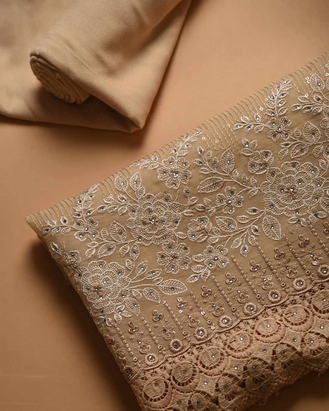 Light Beige Organza Blend Embroidered Unstitched Suit Fabric Set With Chiffon Dupatta