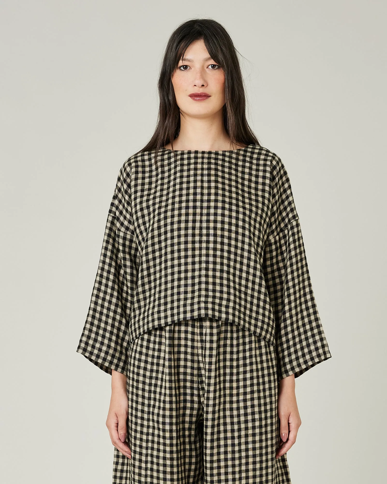 Lily Black & Ecru Check Linen Top