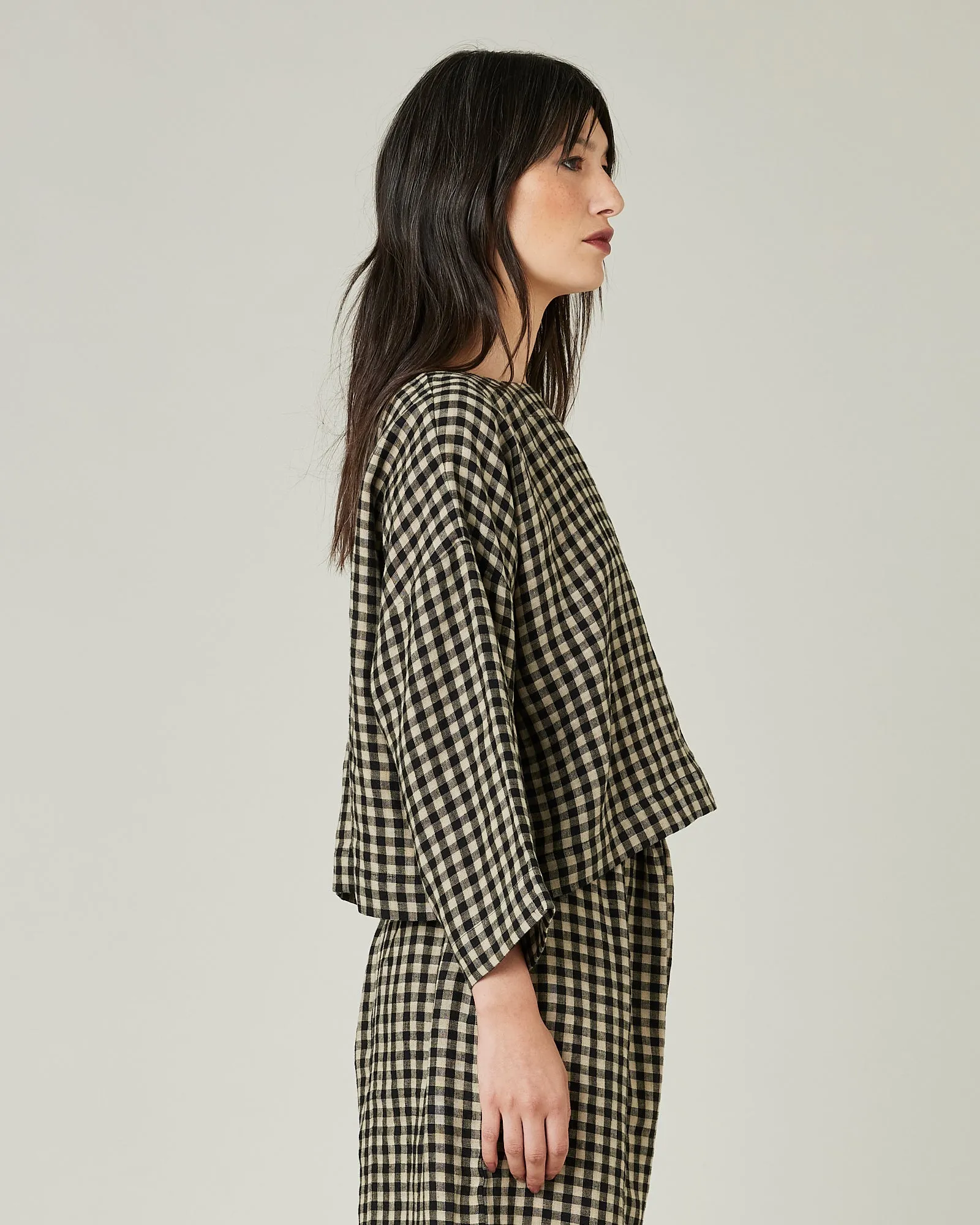 Lily Black & Ecru Check Linen Top