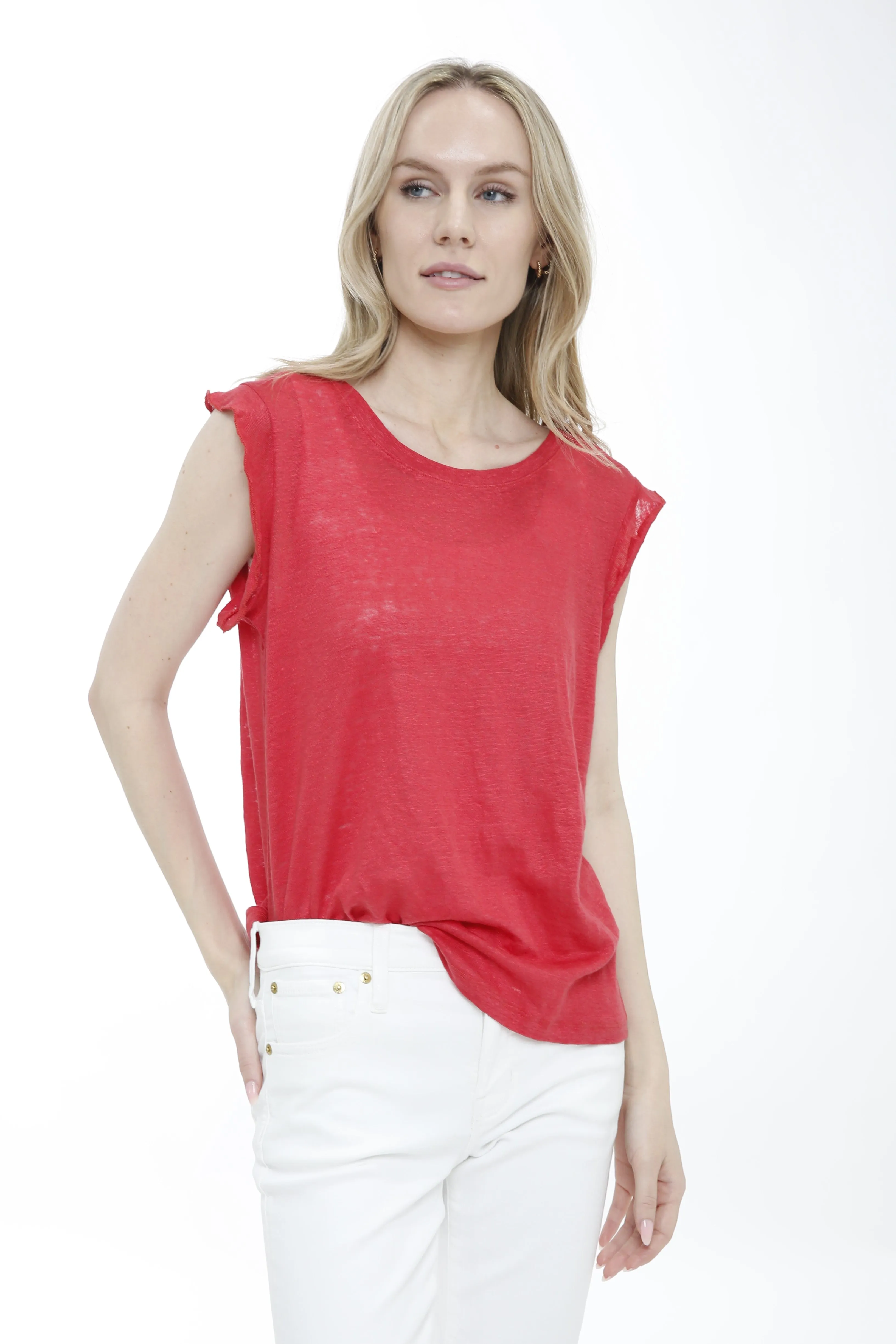 Linen Crew Neck Ruffle Tank