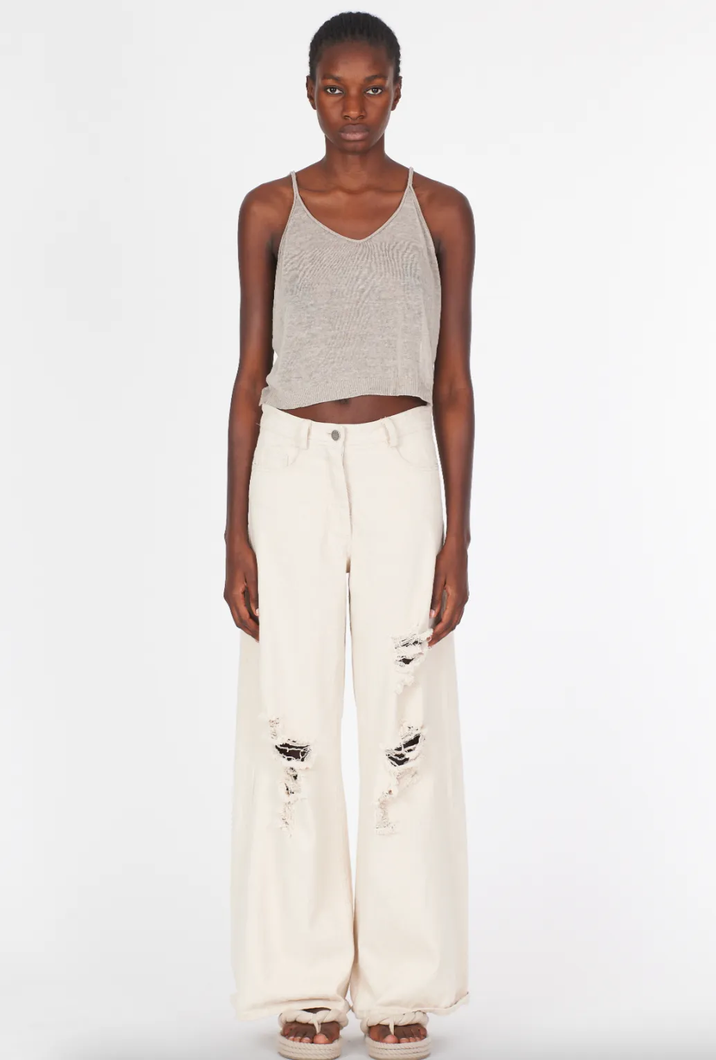 Linen Short Top Thin Straps - Sand