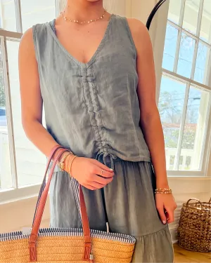 Linen Tank with Ruching - Army Green