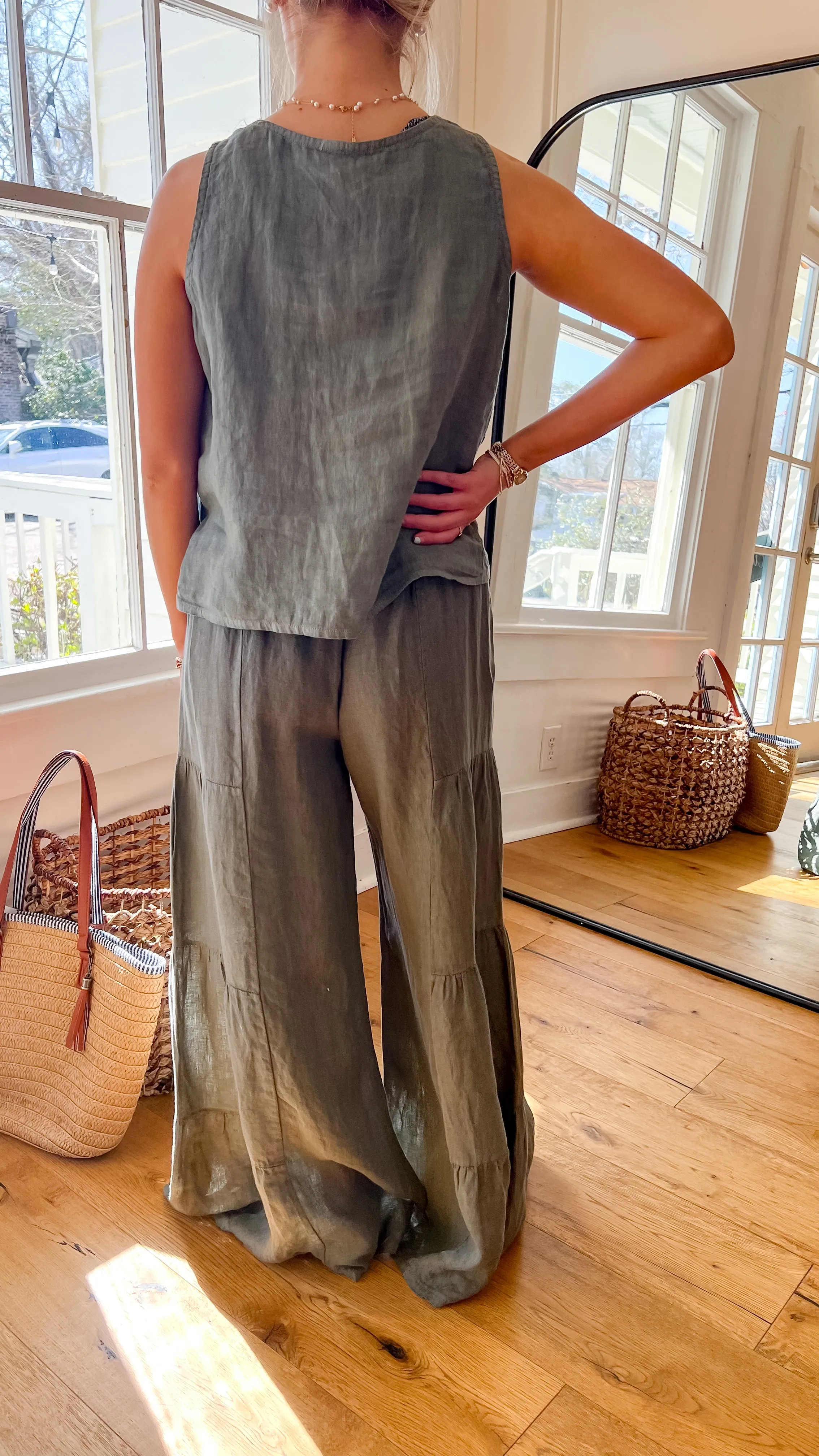 Linen Tank with Ruching - Army Green