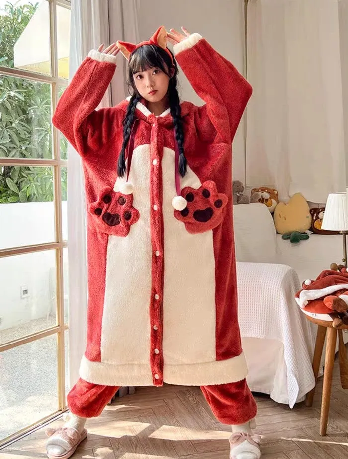 Little Red Fox Ears Hooded Nightgown Long Bathrobe Pants Pajamas Set