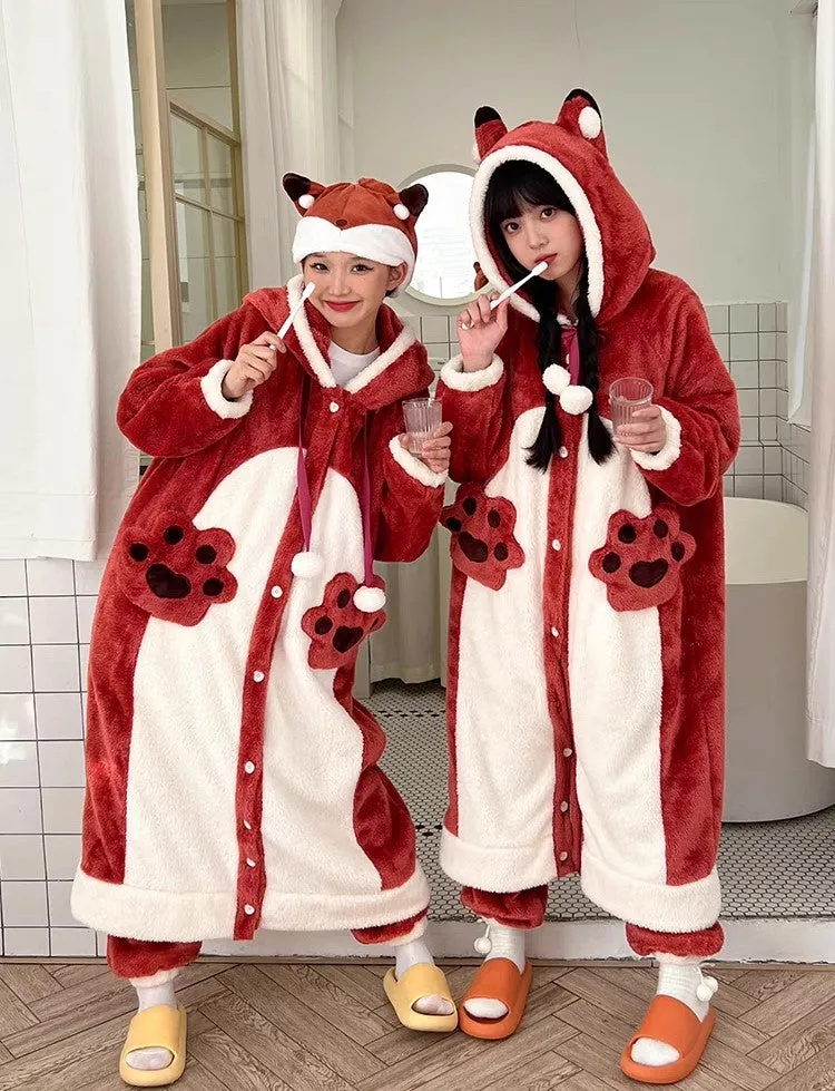 Little Red Fox Ears Hooded Nightgown Long Bathrobe Pants Pajamas Set