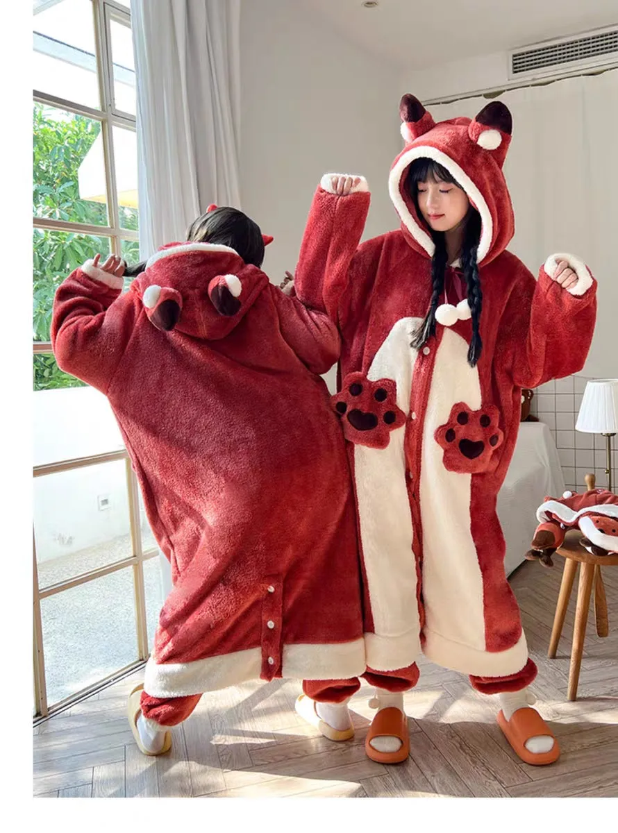 Little Red Fox Ears Hooded Nightgown Long Bathrobe Pants Pajamas Set
