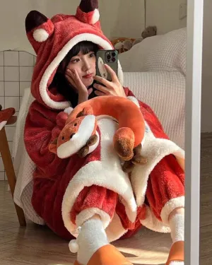 Little Red Fox Ears Hooded Nightgown Long Bathrobe Pants Pajamas Set