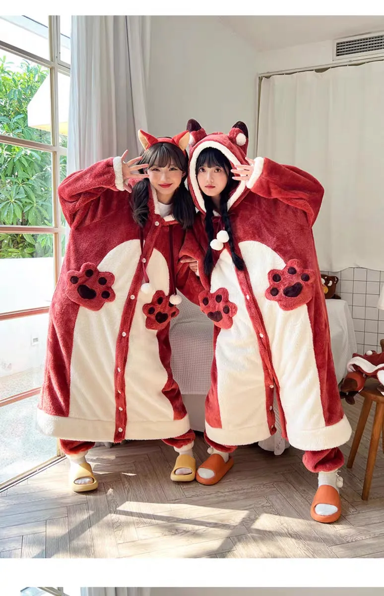 Little Red Fox Ears Hooded Nightgown Long Bathrobe Pants Pajamas Set