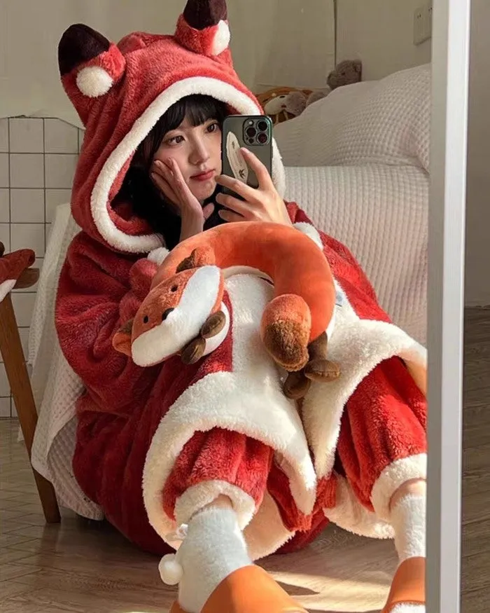 Little Red Fox Ears Hooded Nightgown Long Bathrobe Pants Pajamas Set